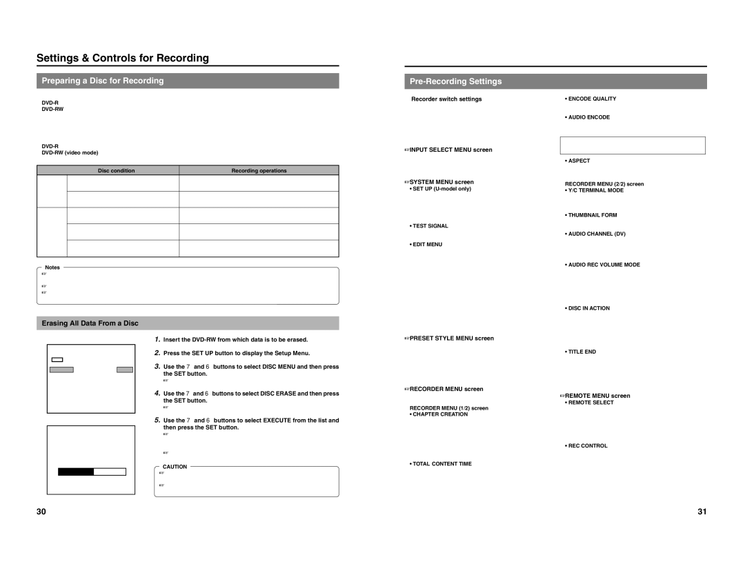 JVC BD-X200U manual Settings & Controls for Recording, Preparing a Disc for Recording, Pre-Recording Settings 