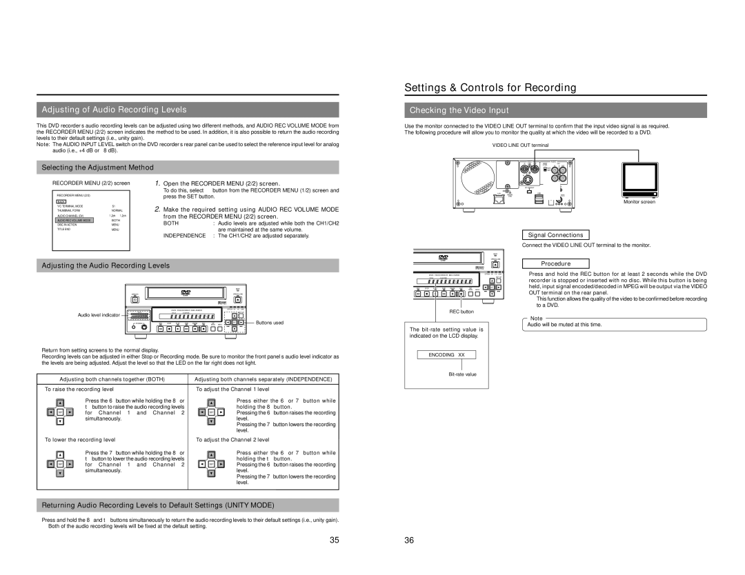 JVC BD-X200U manual Adjusting of Audio Recording Levels, Checking the Video Input, Selecting the Adjustment Method 