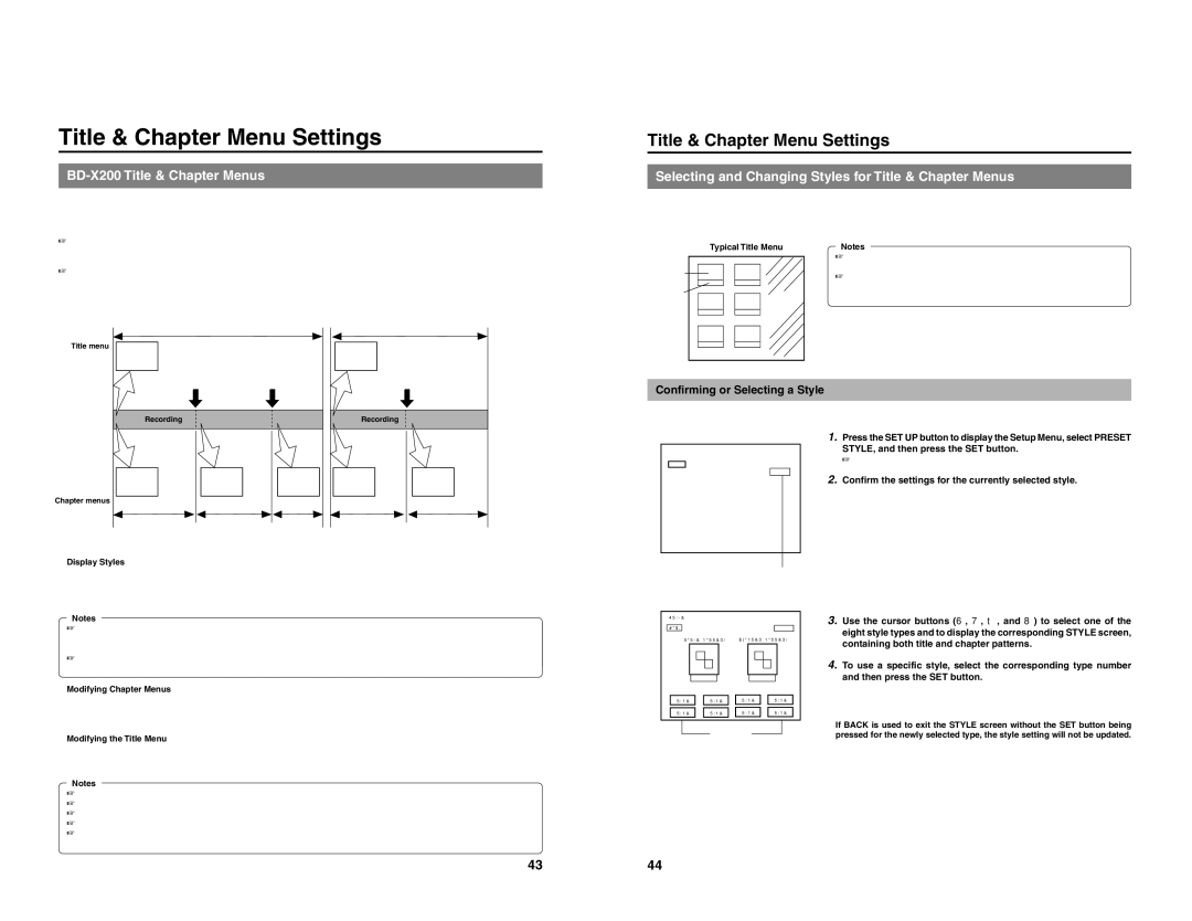 JVC BD-X200U manual Title & Chapter Menu Settings, BD-X200 Title & Chapter Menus, Confirming or Selecting a Style 