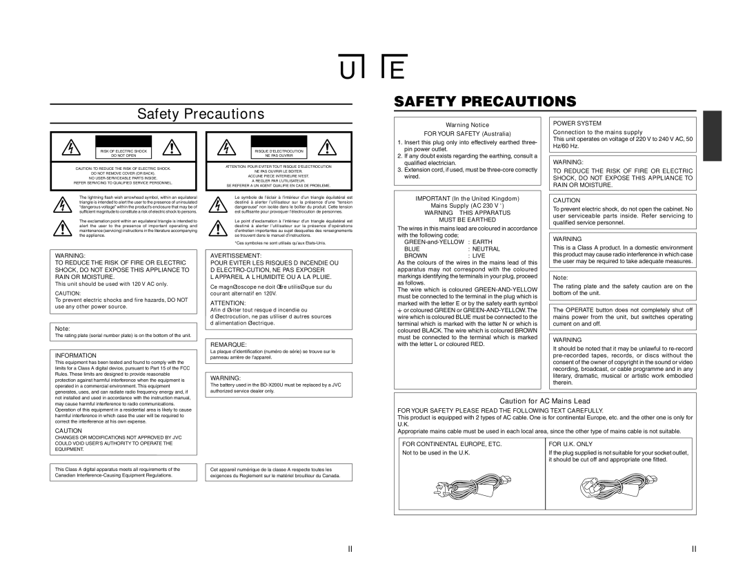 JVC BD-X200U Safety Precautions, Power System, Must be Earthed, For Your Safety Please Read the Following Text Carefully 