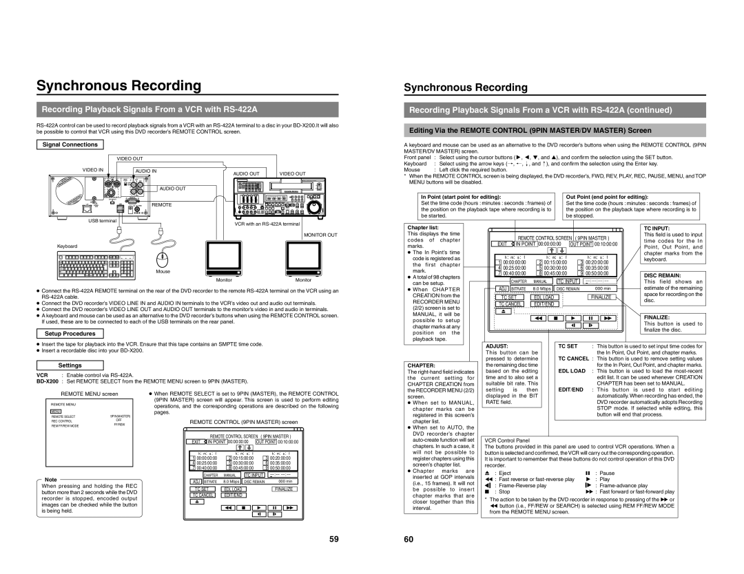 JVC BD-X200U manual Synchronous Recording, Recording Playback Signals From a VCR with RS-422A 