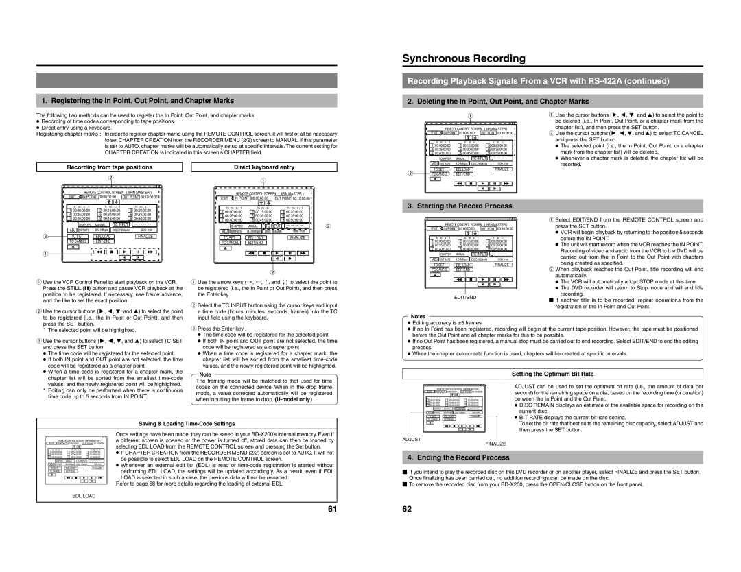 JVC BD-X200U Synchronous Recording, Registering the In Point, Out Point, and Chapter Marks, Starting the Record Process 