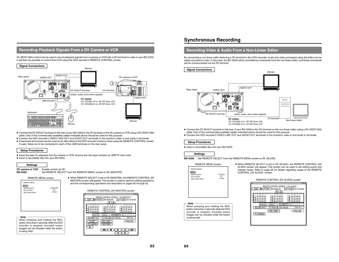 JVC BD-X200U manual Recording Playback Signals From a DV Camera or VCR, Recording Video & Audio From a Non-Linear Editor 