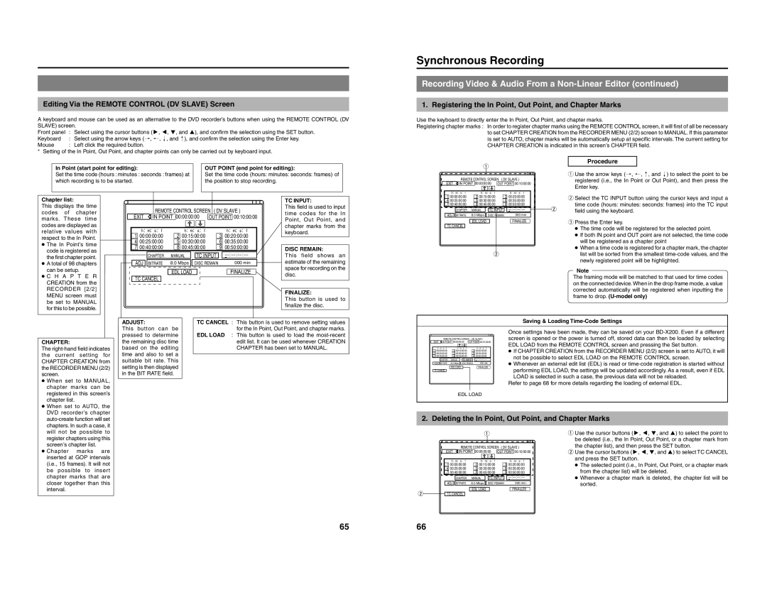 JVC BD-X200U manual Editing Via the Remote Control DV Slave Screen, Point start point for editing, Recorder 2/2, EDL Load 