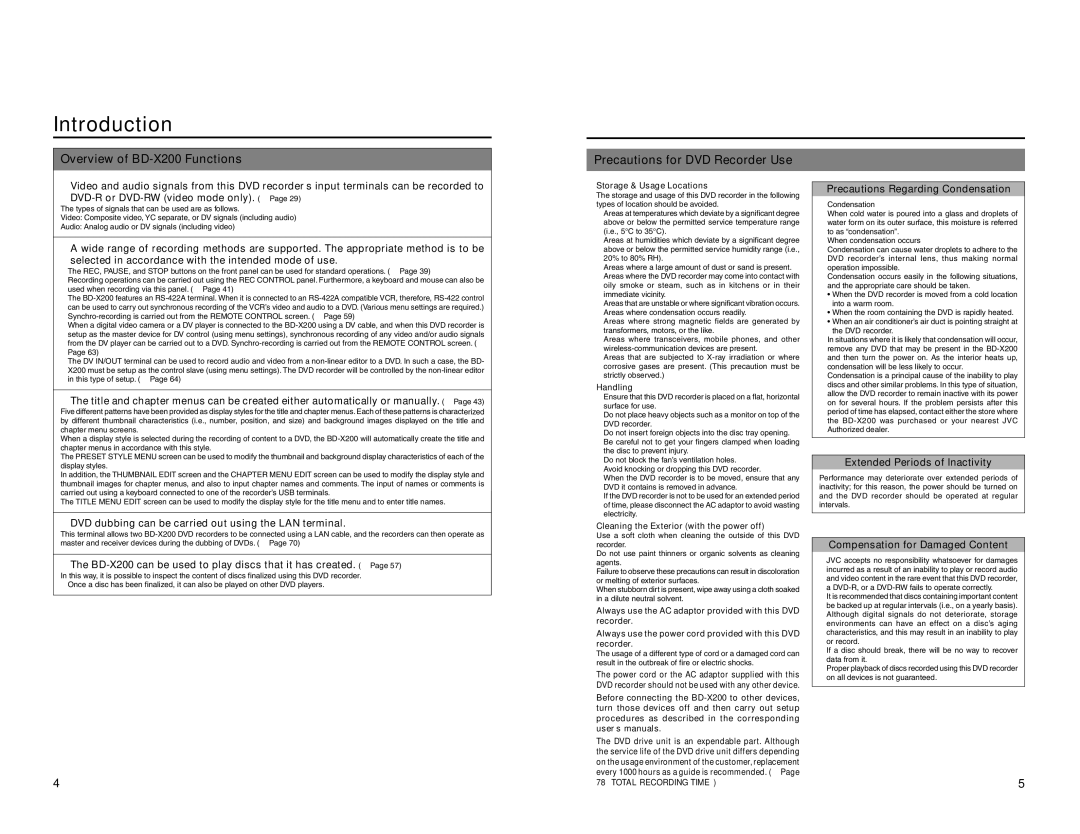 JVC BD-X200U manual Introduction, Overview of BD-X200 Functions, Precautions for DVD Recorder Use 