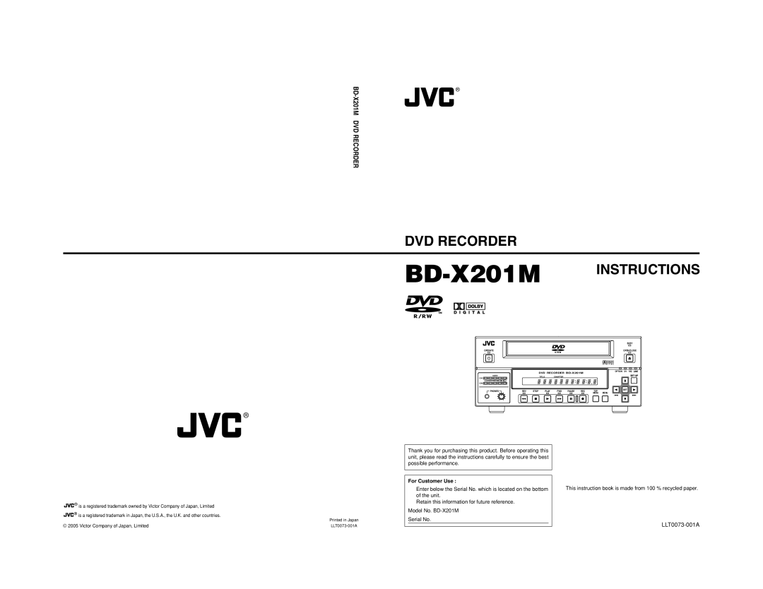 JVC manual DVD Recorder BD-X201MINSTRUCTIONS, For Customer Use 