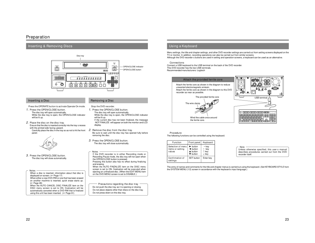 JVC BD-X201M manual Preparation, Inserting & Removing Discs, Using a Keyboard, Inserting a Disc Removing a Disc 