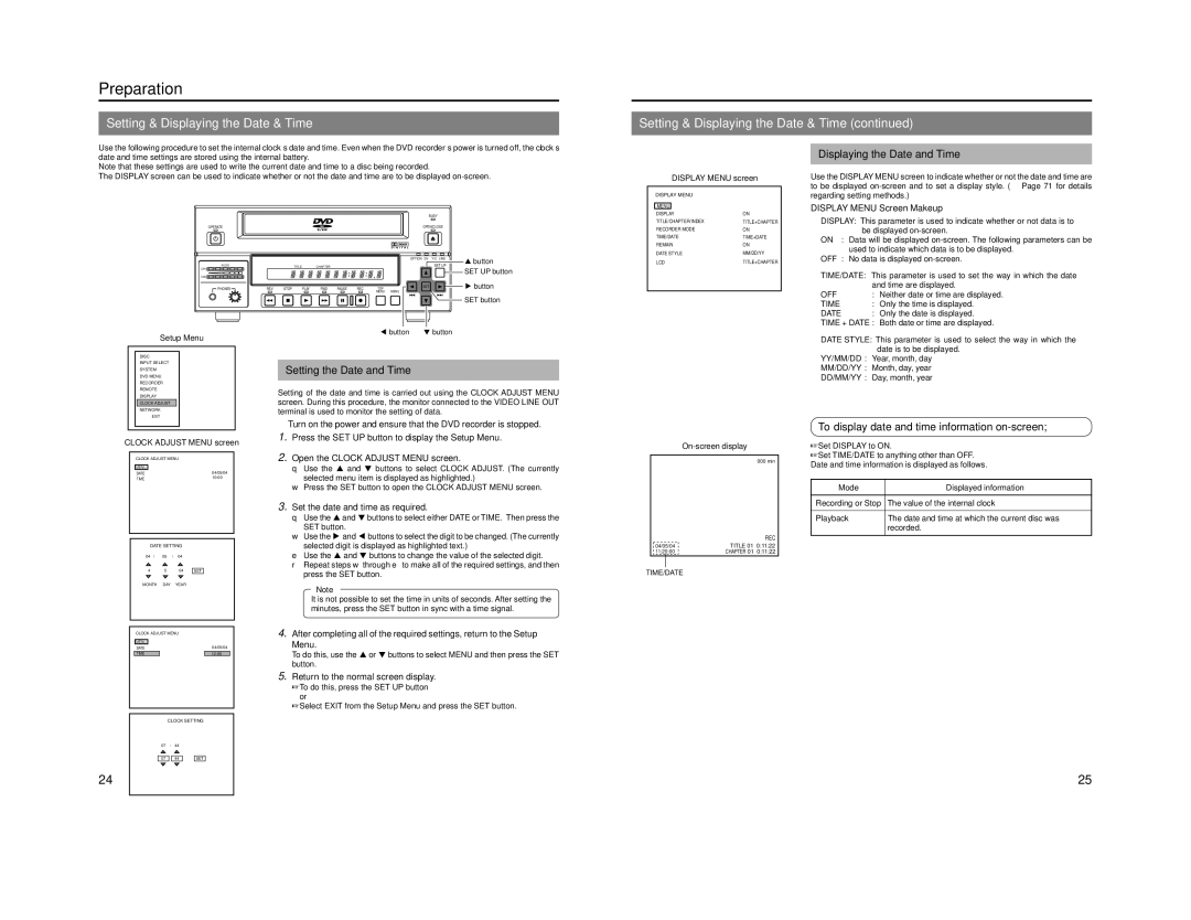 JVC BD-X201M manual Setting & Displaying the Date & Time, Displaying the Date and Time, Setting the Date and Time 