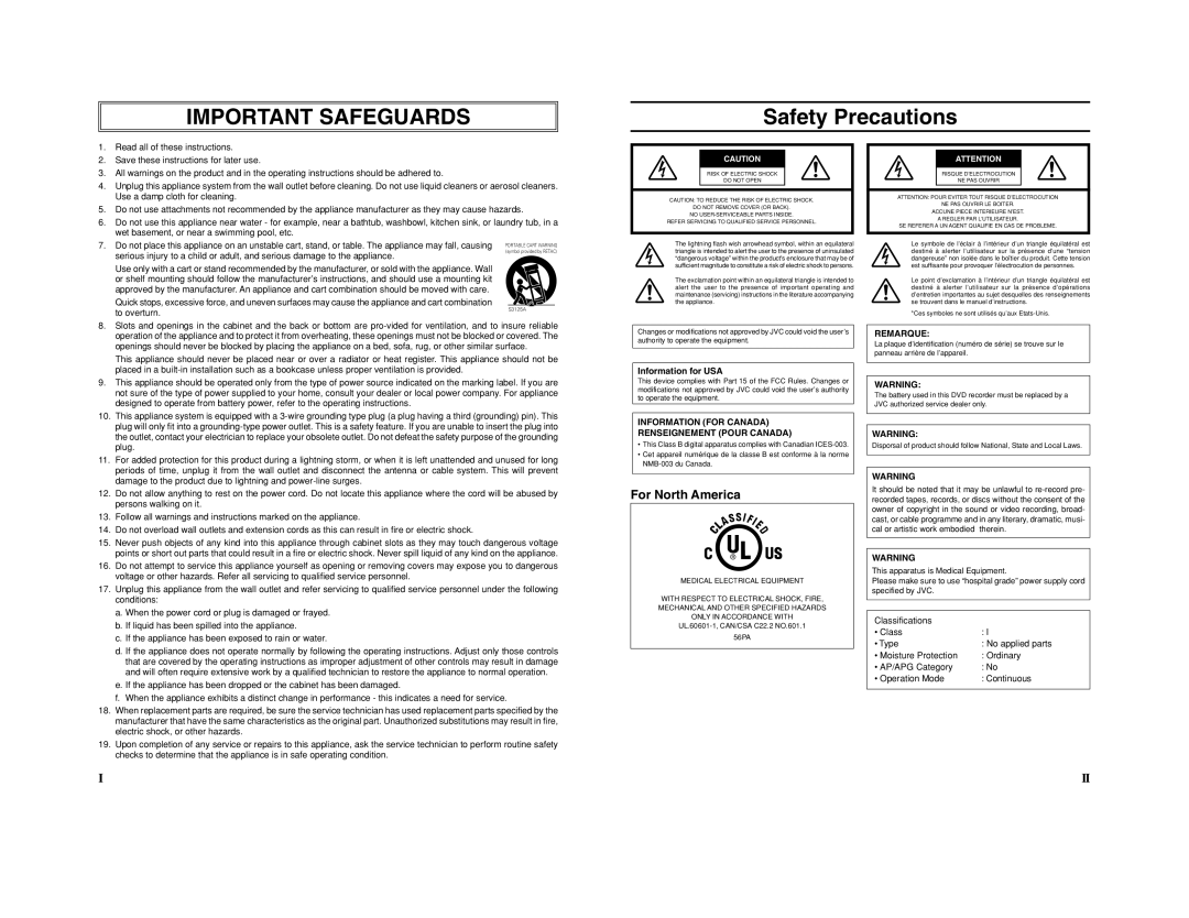 JVC BD-X201M manual Safety Precautions, Information for USA 