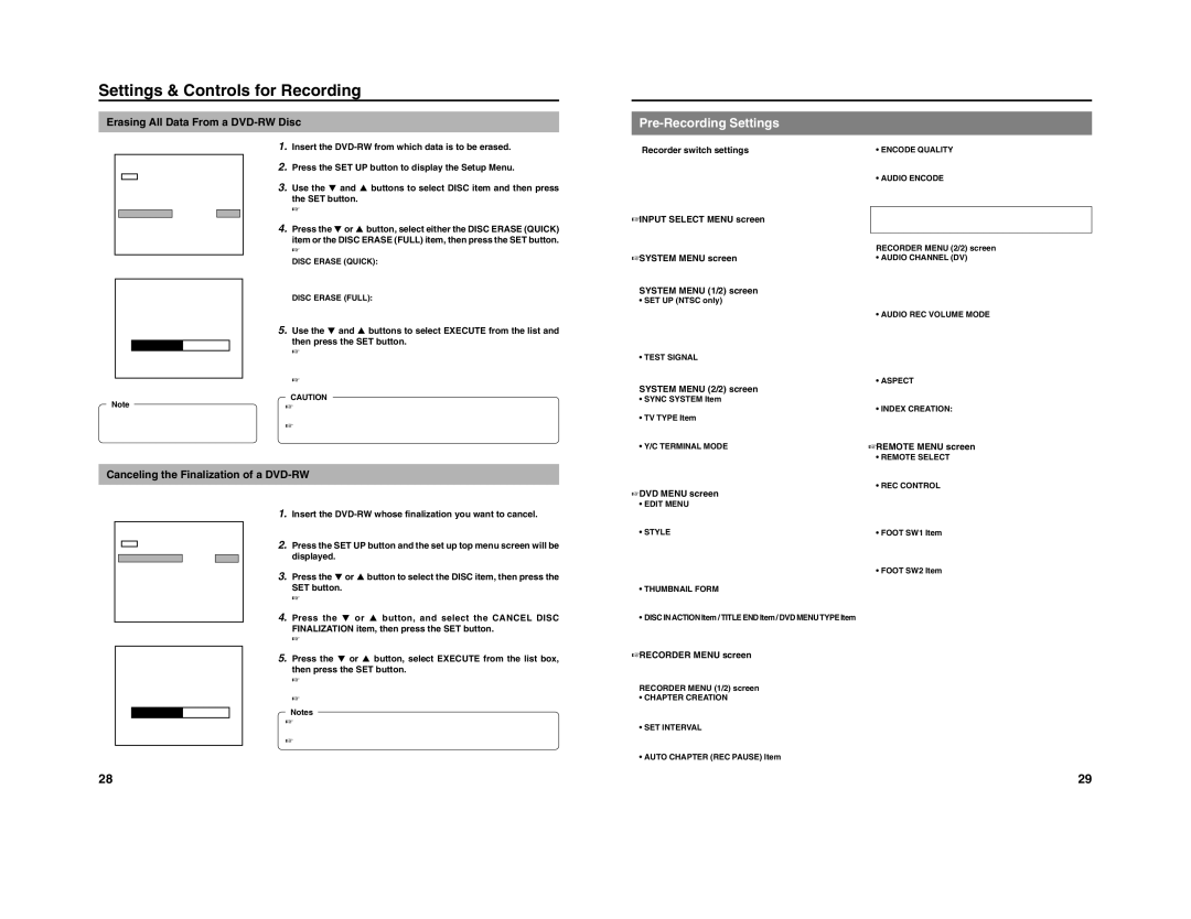 JVC BD-X201M manual Settings & Controls for Recording, Pre-Recording Settings, Erasing All Data From a DVD-RW Disc 