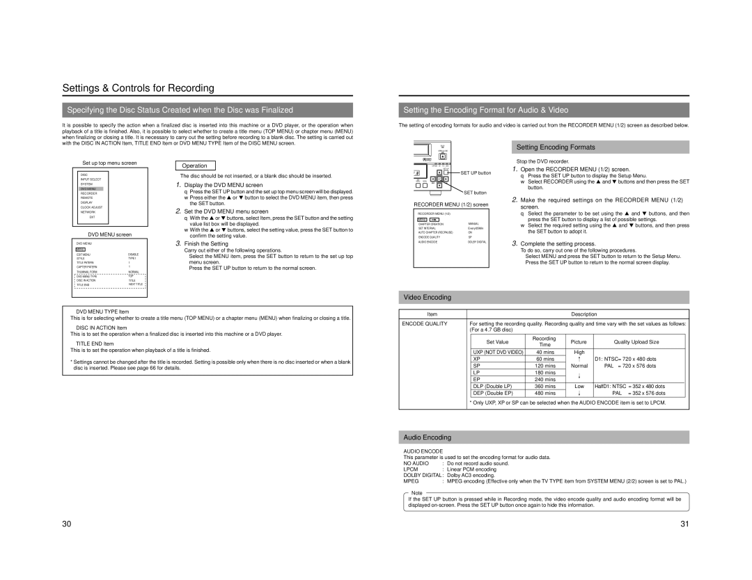 JVC BD-X201M manual Setting the Encoding Format for Audio & Video, Setting Encoding Formats, Video Encoding, Audio Encoding 