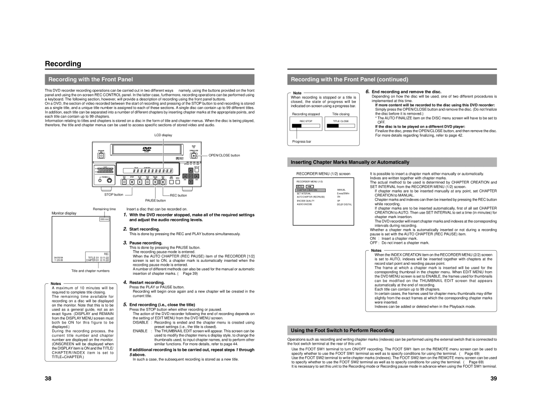 JVC BD-X201M manual Recording with the Front Panel, Inserting Chapter Marks Manually or Automatically 