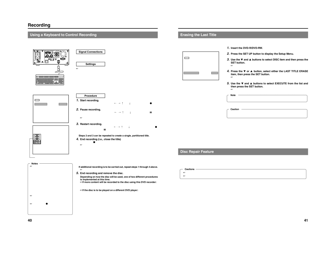 JVC BD-X201M manual Using a Keyboard to Control Recording, Erasing the Last Title, Disc Repair Feature, Settings 