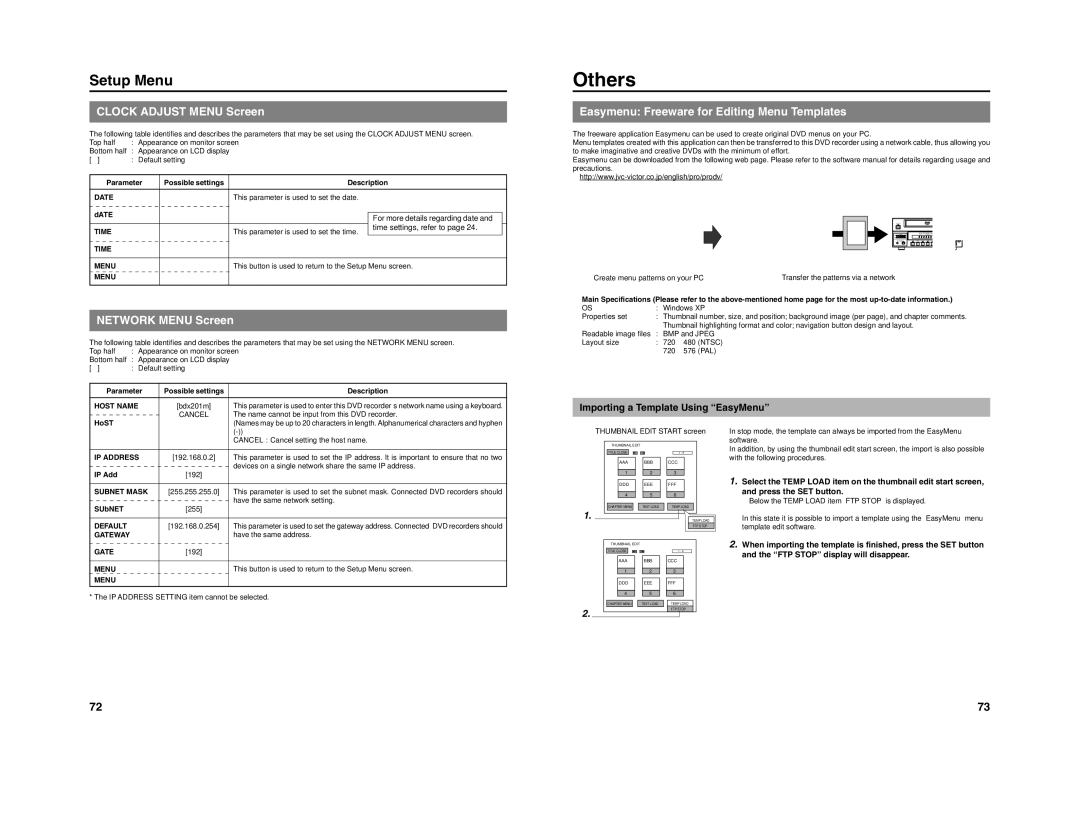 JVC BD-X201M manual Others, Clock Adjust Menu Screen, Network Menu Screen, Easymenu Freeware for Editing Menu Templates 