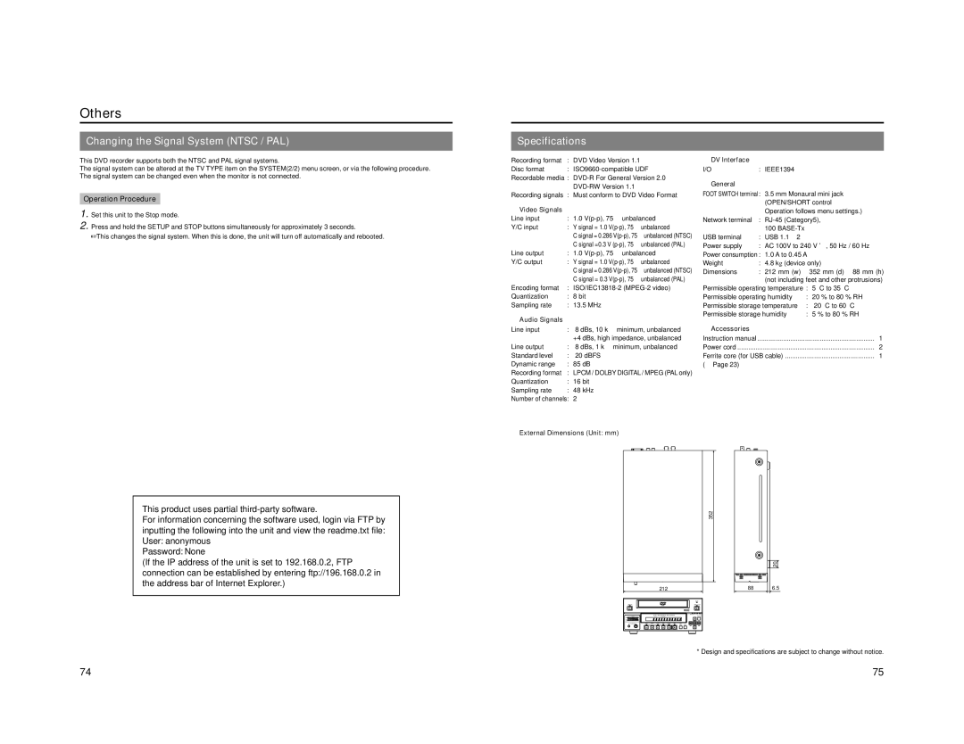 JVC BD-X201M manual Others, Changing the Signal System Ntsc / PAL, Specifications, Operation Procedure 