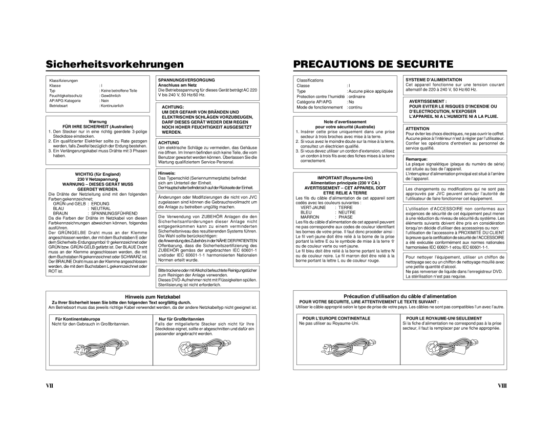 JVC BD-X201M manual Sicherheitsvorkehrungen, Hinweis zum Netzkabel, Précaution d’utilisation du câble d’alimentation 