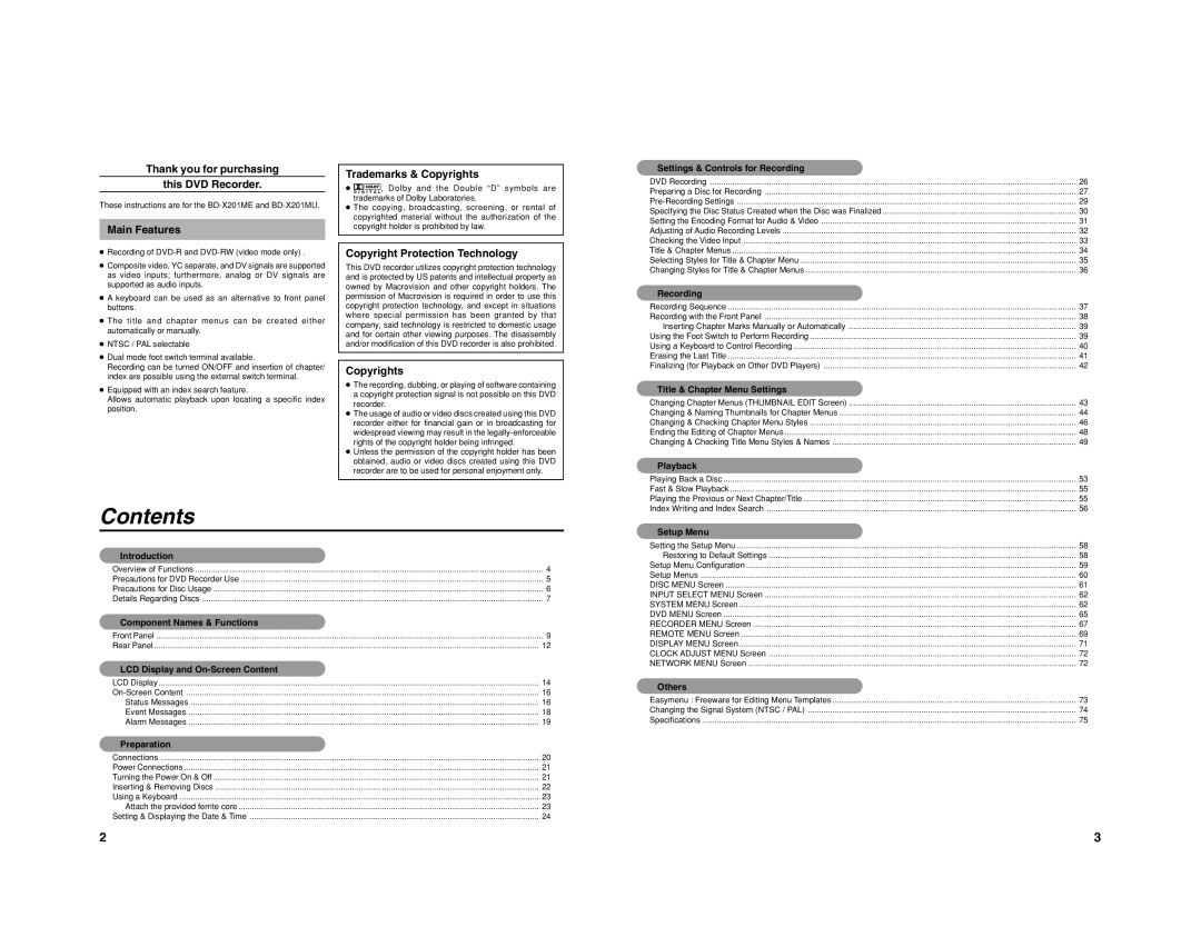 JVC BD-X201M manual Contents 