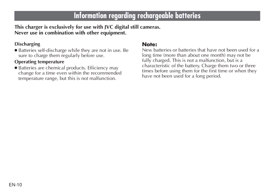 JVC BH-VC20EG/EK manual Information regarding rechargeable batteries, Operating temperature 