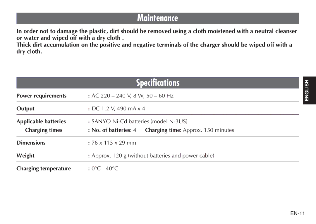 JVC BH-VC20EG/EK manual Maintenance, Specifications, Power requirements AC 220 240 V, 8 W, 50 60 Hz Output 