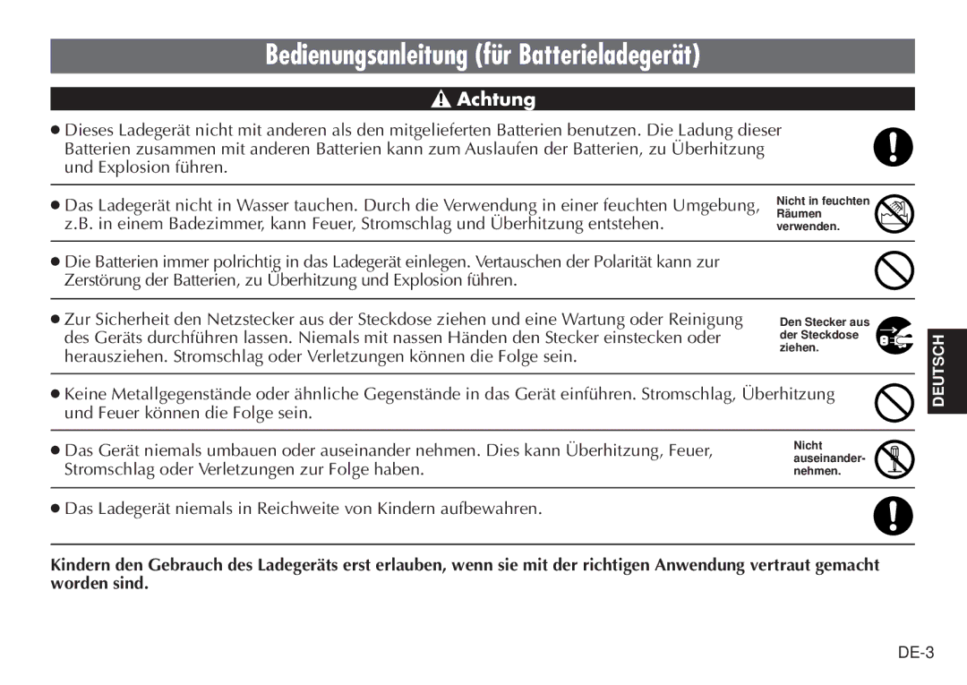 JVC BH-VC20EG/EK manual Bedienungsanleitung für Batterieladegerät, Achtung, Stromschlag oder Verletzungen zur Folge haben 