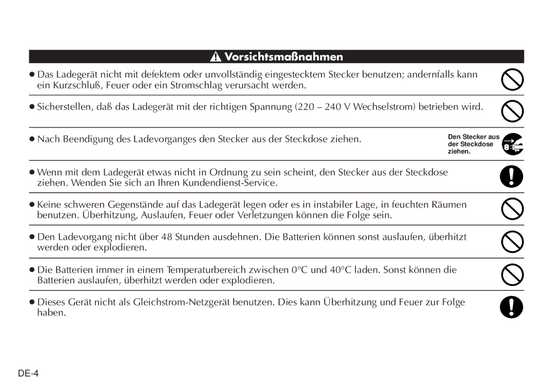 JVC BH-VC20EG/EK manual Vorsichtsmaßnahmen 