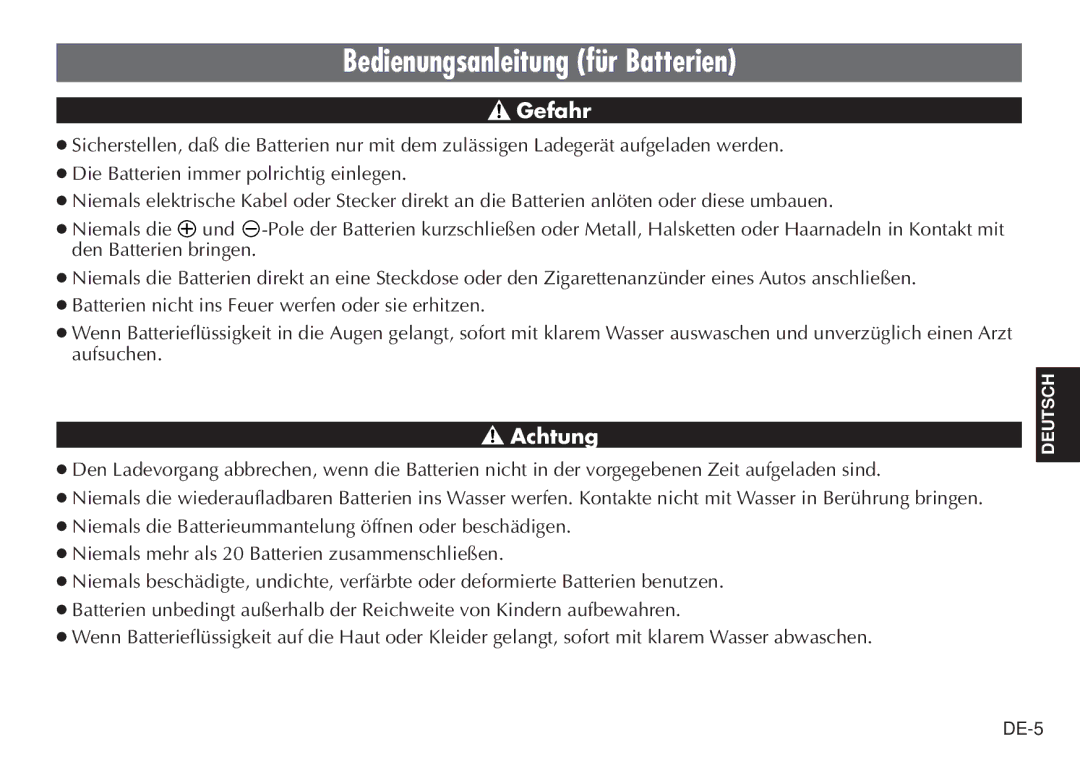 JVC BH-VC20EG/EK manual Bedienungsanleitung für Batterien, Gefahr 