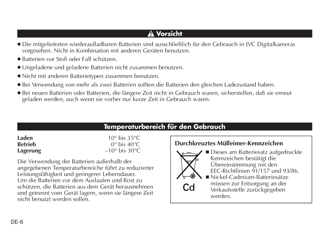 JVC BH-VC20EG/EK manual Vorsicht, Temperaturbereich für den Gebrauch, Durchkreuztes Mülleimer-Kennzeichen 