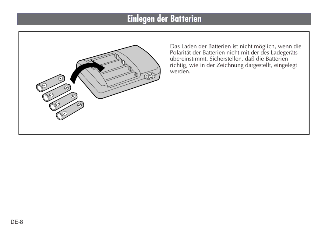 JVC BH-VC20EG/EK manual Einlegen der Batterien 