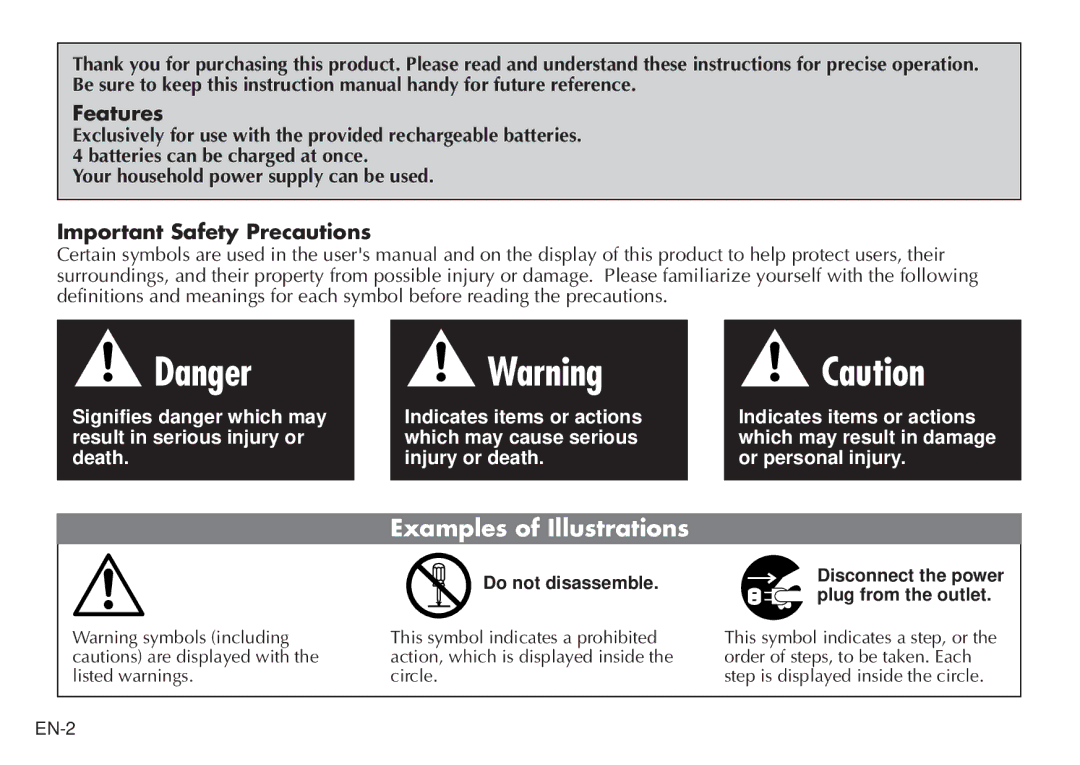 JVC BH-VC20EG/EK manual Features, Important Safety Precautions 