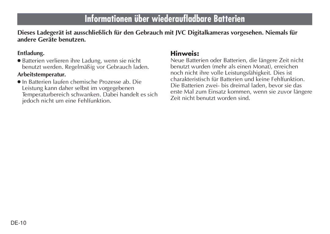 JVC BH-VC20EG/EK manual Informationen über wiederaufladbare Batterien, Entladung, Arbeitstemperatur 