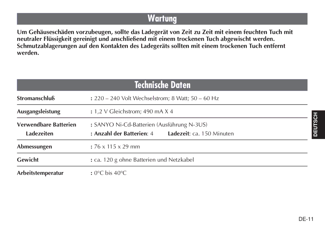 JVC BH-VC20EG/EK manual Wartung, Technische Daten 