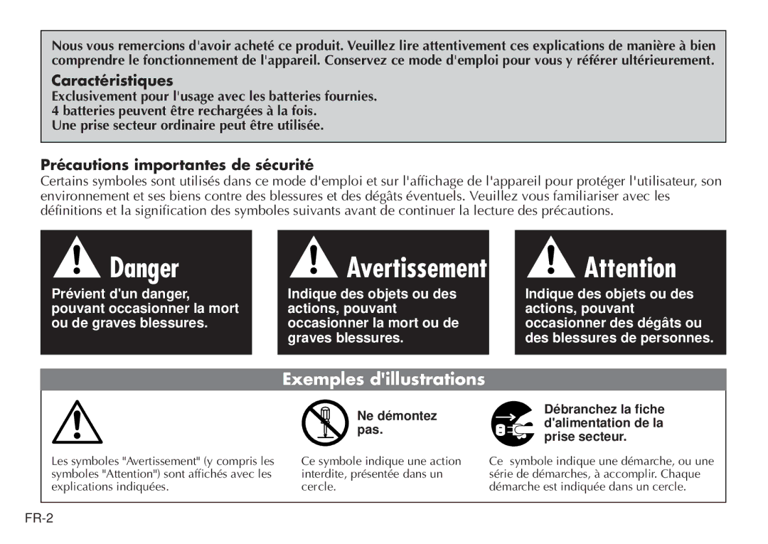 JVC BH-VC20EG/EK Caractéristiques, Précautions importantes de sécurité, Une prise secteur ordinaire peut être utilisée 