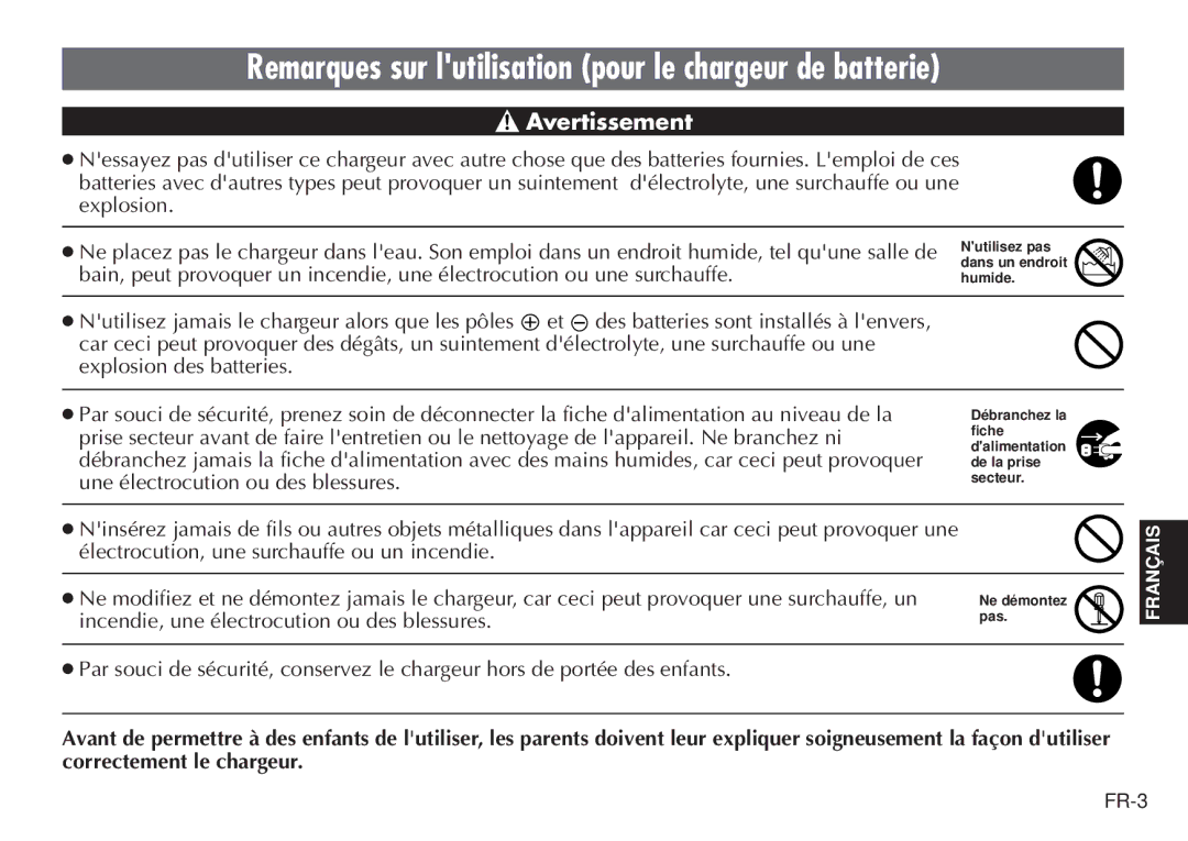 JVC BH-VC20EG/EK manual Remarques sur lutilisation pour le chargeur de batterie, Avertissement 