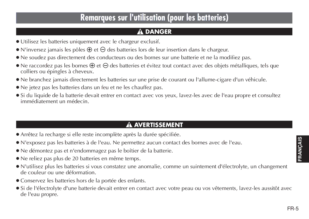 JVC BH-VC20EG/EK manual Remarques sur lutilisation pour les batteries, Avertissement 