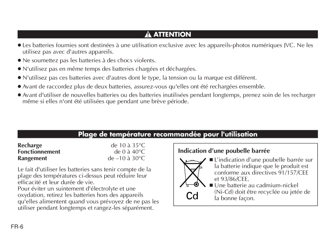 JVC BH-VC20EG/EK Plage de température recommandée pour lutilisation, Indication d’une poubelle barrée, Recharge, Rangement 