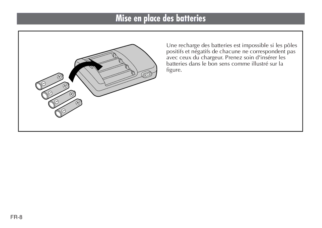 JVC BH-VC20EG/EK manual Mise en place des batteries 