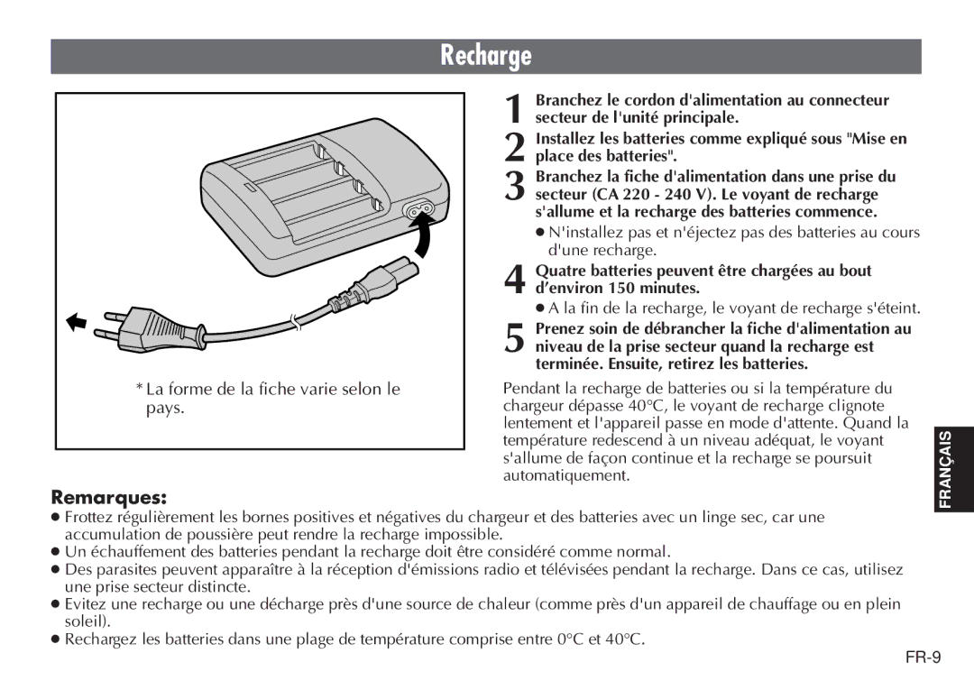 JVC BH-VC20EG/EK manual Recharge, Remarques 