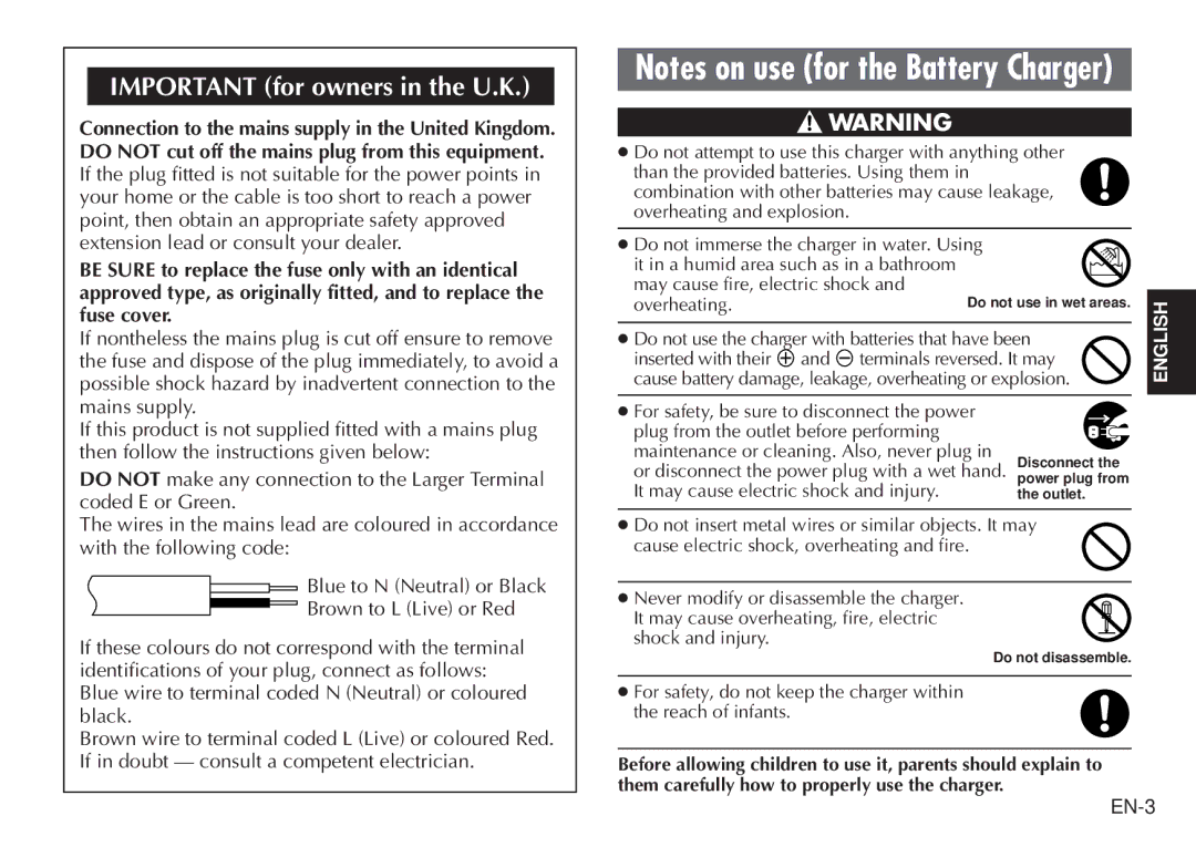 JVC BH-VC20EG/EK manual Important for owners in the U.K 