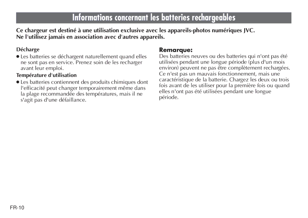 JVC BH-VC20EG/EK manual Informations concernant les batteries rechargeables, Remarque, Décharge, Température dutilisation 