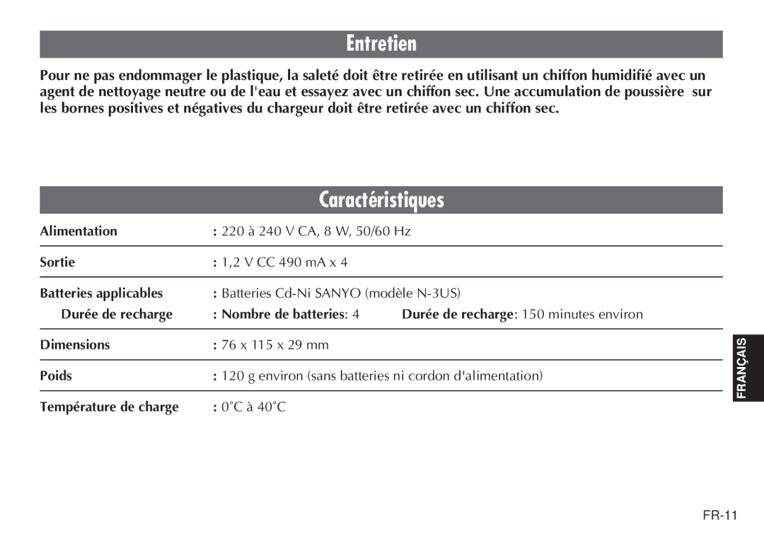 JVC BH-VC20EG/EK manual Entretien, Caractéristiques 