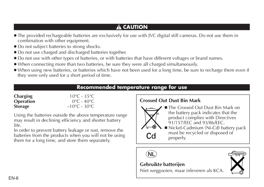 JVC BH-VC20EG/EK Recommended temperature range for use, Crossed Out Dust Bin Mark, Gebruikte batterijen, Operation0C 40C 