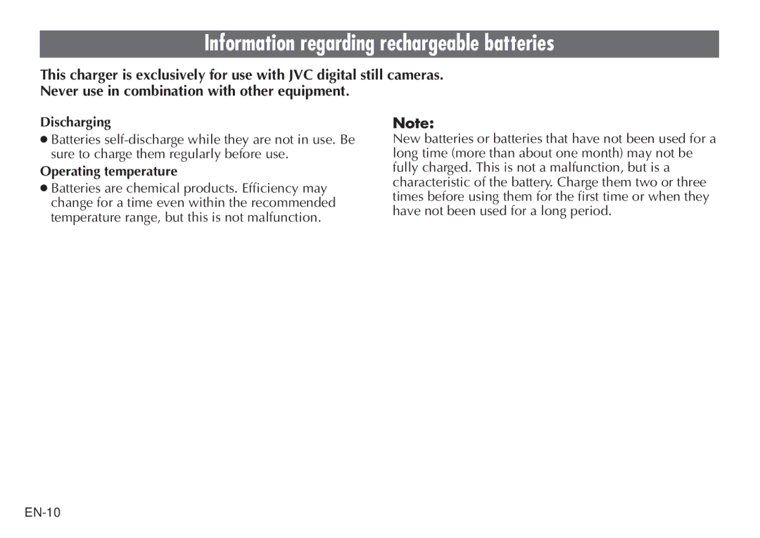 JVC BH-VC20EK, LYT0232-001B manual Information regarding rechargeable batteries, Operating temperature 