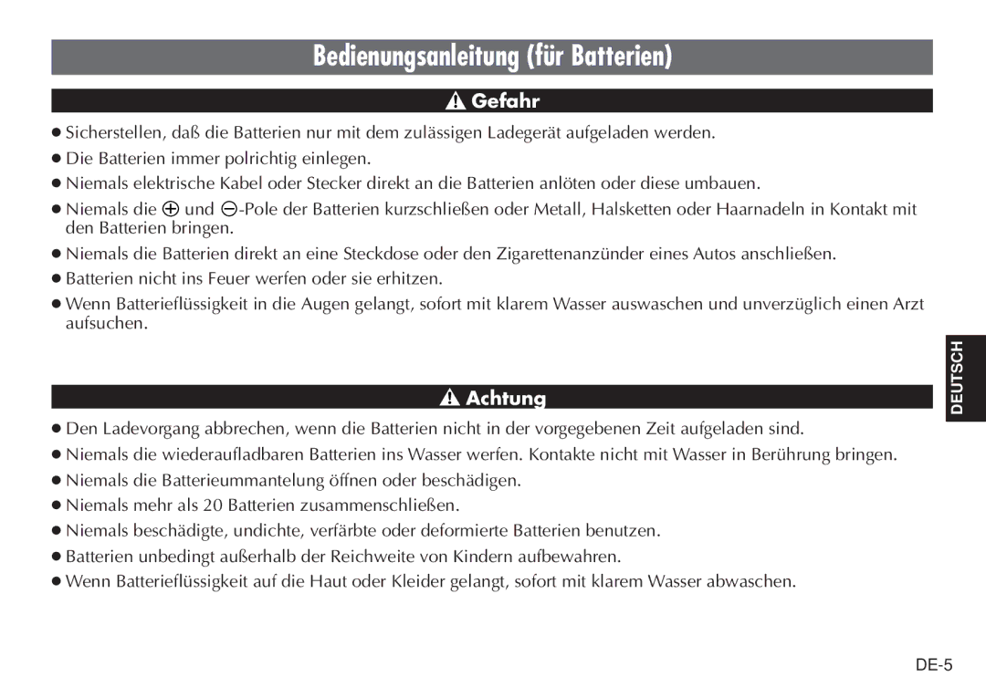 JVC LYT0232-001B, BH-VC20EK manual Bedienungsanleitung für Batterien, Gefahr 