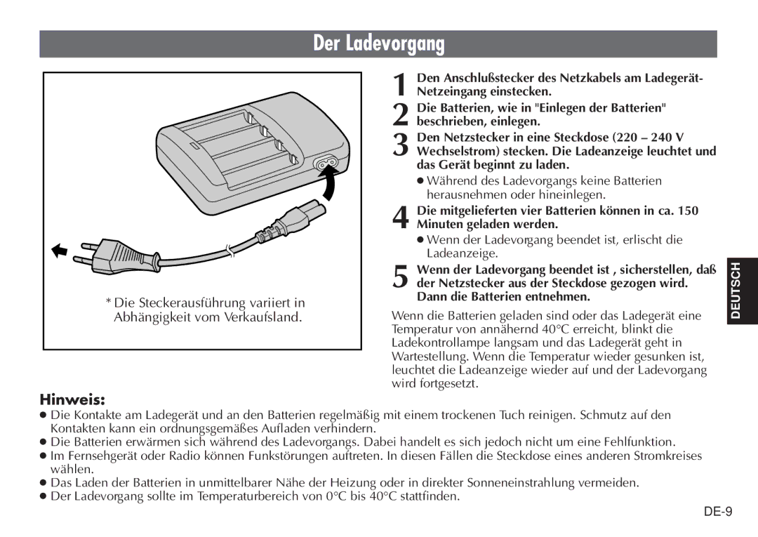 JVC LYT0232-001B, BH-VC20EK manual Der Ladevorgang, Hinweis 