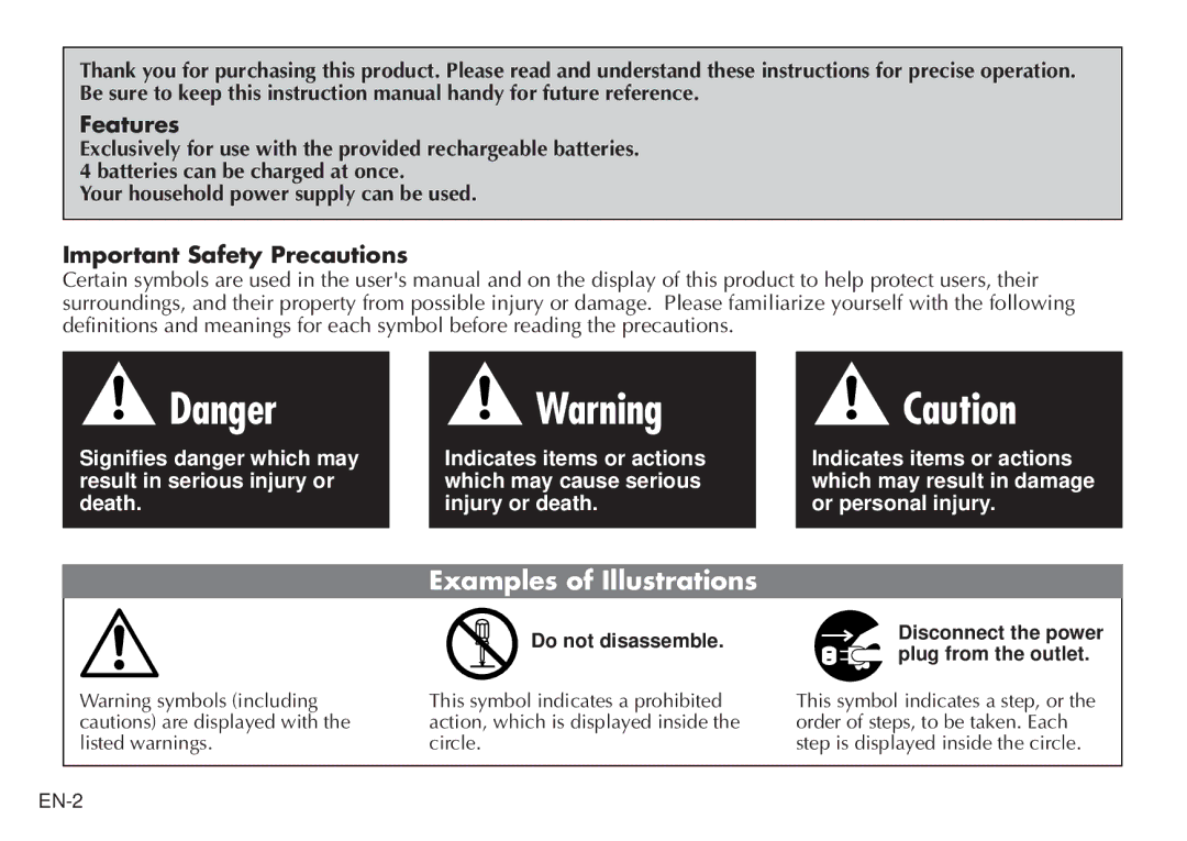 JVC BH-VC20EK, LYT0232-001B manual Features, Important Safety Precautions 