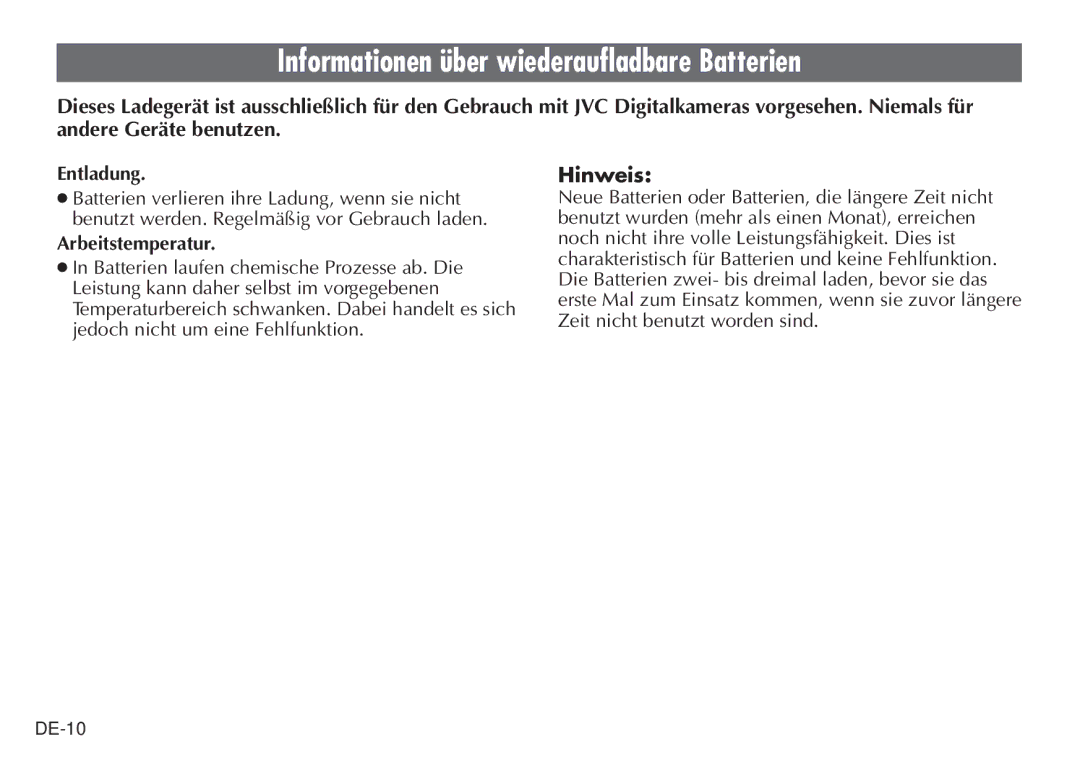 JVC BH-VC20EK, LYT0232-001B manual Informationen über wiederaufladbare Batterien, Entladung, Arbeitstemperatur 