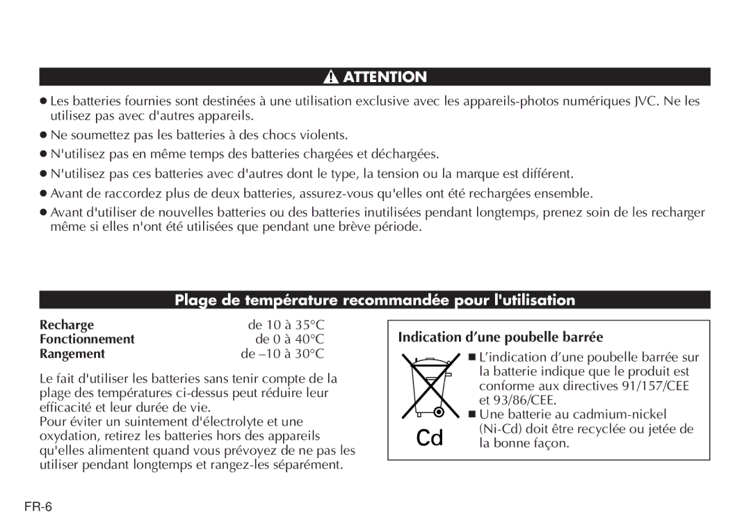 JVC BH-VC20EK Plage de température recommandée pour lutilisation, Indication d’une poubelle barrée, Recharge, Rangement 