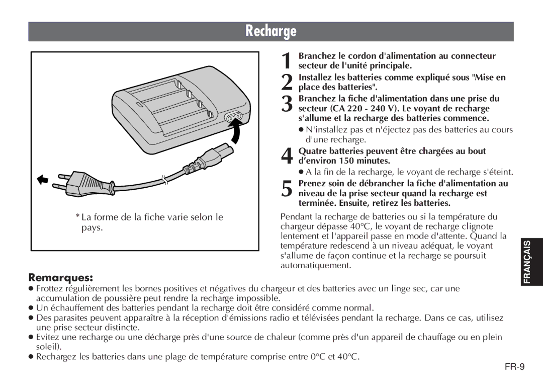 JVC LYT0232-001B, BH-VC20EK manual Recharge, Remarques 