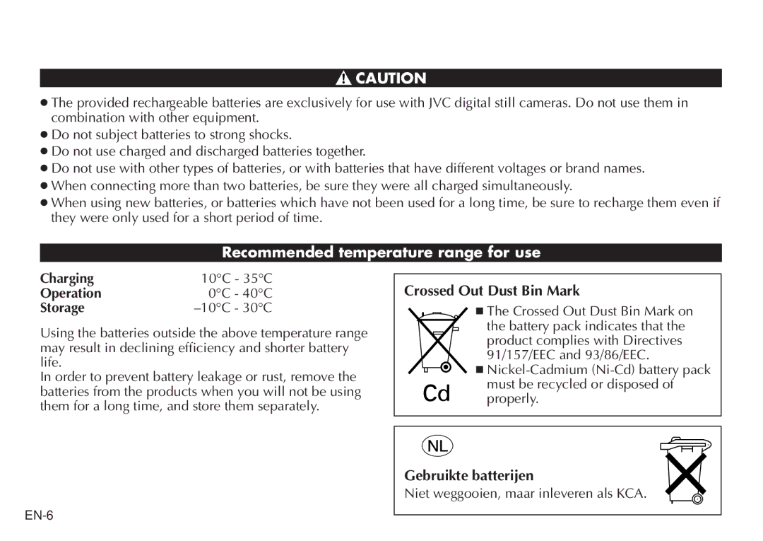 JVC BH-VC20EK Recommended temperature range for use, Crossed Out Dust Bin Mark, Gebruikte batterijen, Operation0C 40C 