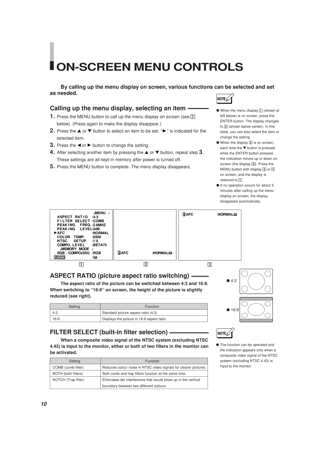 JVC BM-H1310SU, BM-H1900SU Calling up the menu display, selecting an item, Aspect Ratio picture aspect ratio switching 